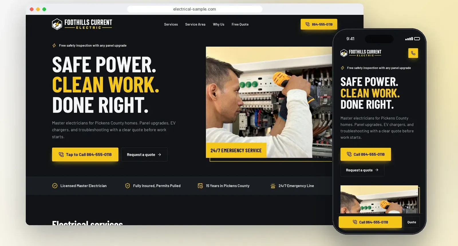Sample electrical website concept on a desktop and a phone, with tap-to-call and a quote request.