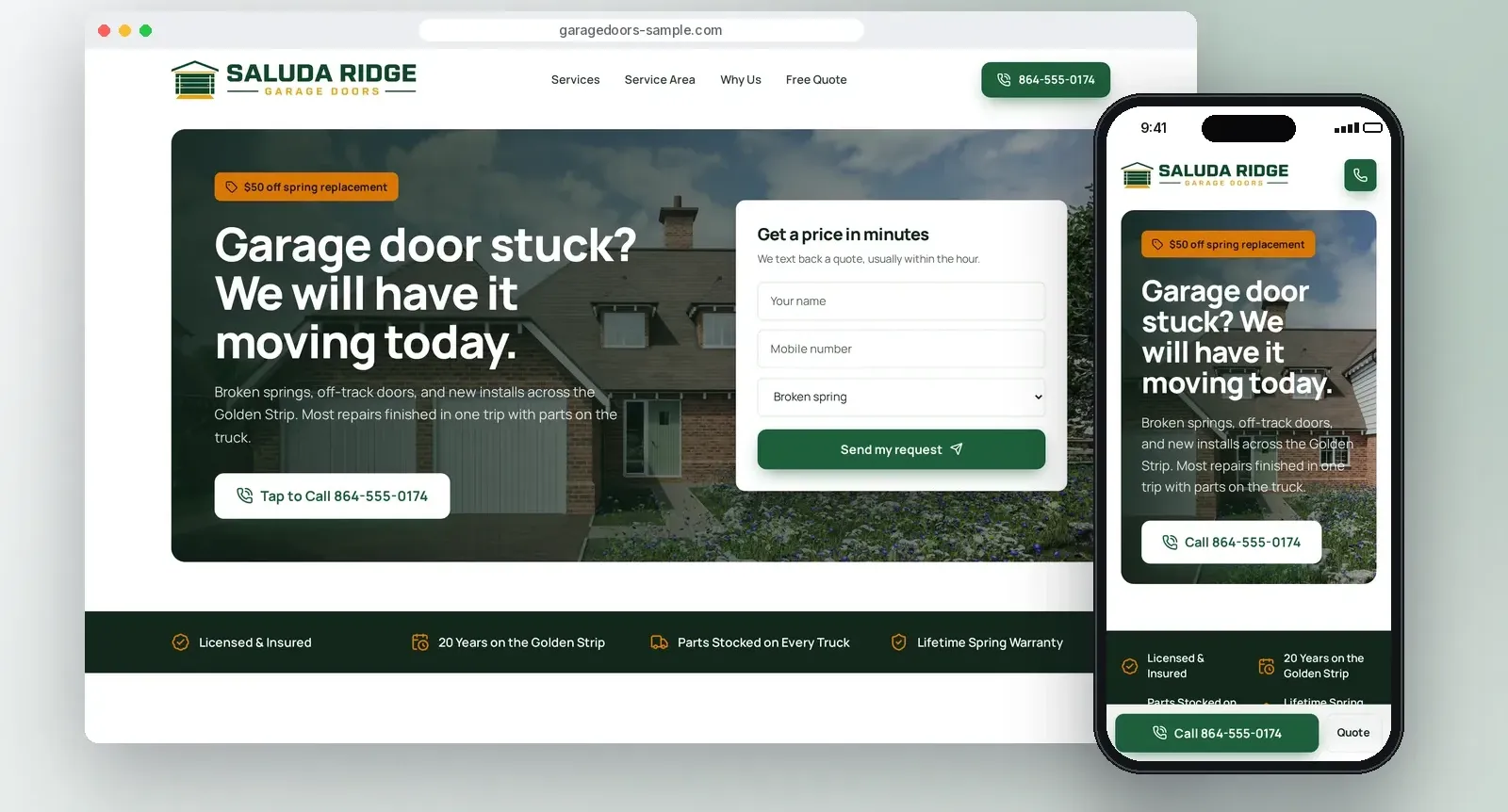 Sample garage doors website concept on a desktop and a phone, with tap-to-call and an instant quote form.