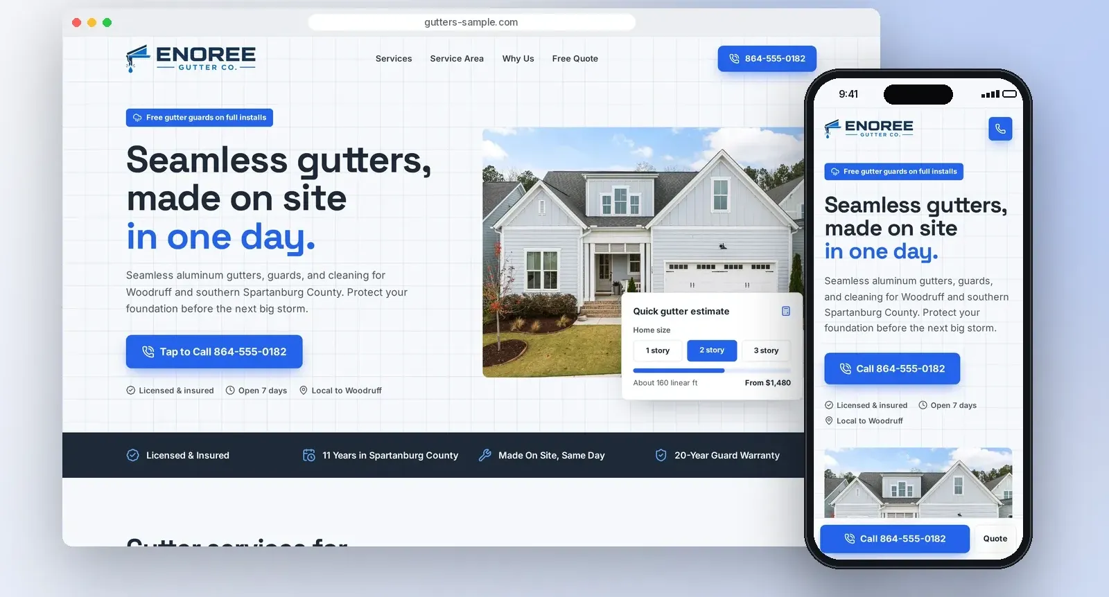 Sample gutters website concept on a desktop and a phone, with tap-to-call and a quick estimate widget.