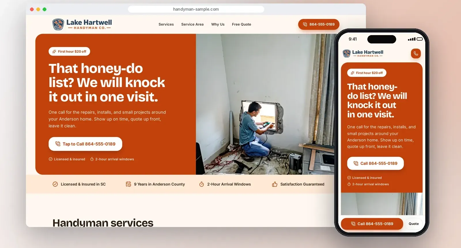 Sample handyman website concept on a desktop and a phone, with tap-to-call and a quote button.