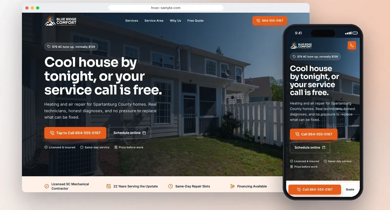 Sample HVAC website concept on a desktop and a phone, with tap-to-call and online scheduling.
