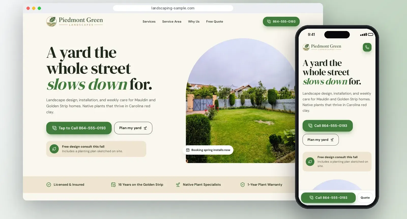 Sample landscaping website concept on a desktop and a phone, with tap-to-call and a plan-my-yard button.