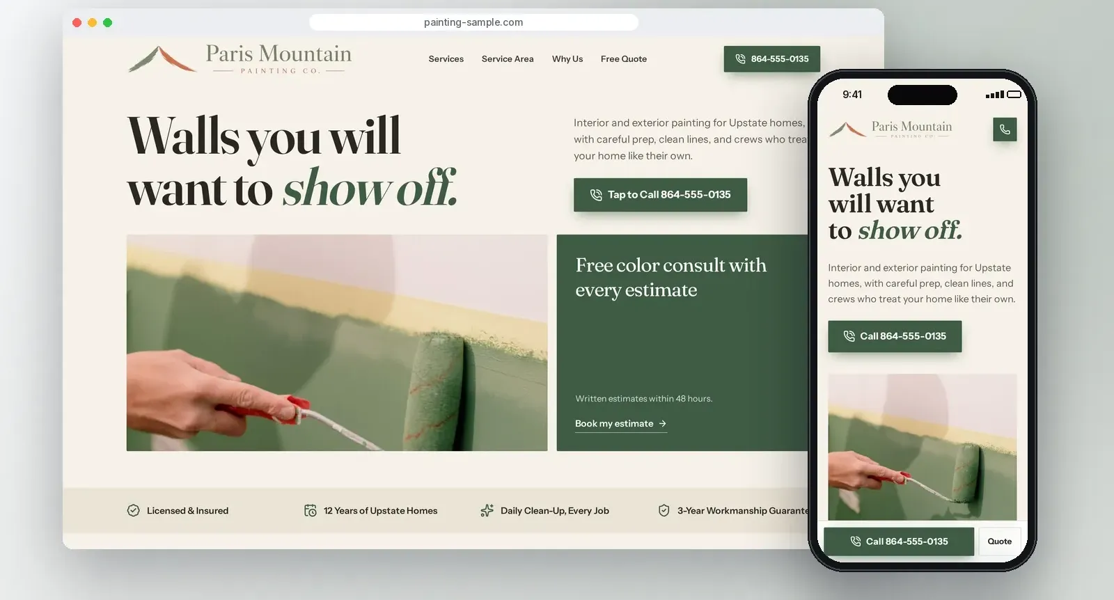 Sample painting website concept on a desktop and a phone, with tap-to-call and an estimate form.