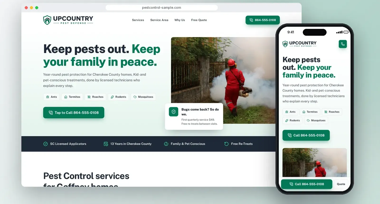 Sample pest control website concept on a desktop and a phone, with tap-to-call and a quote button.