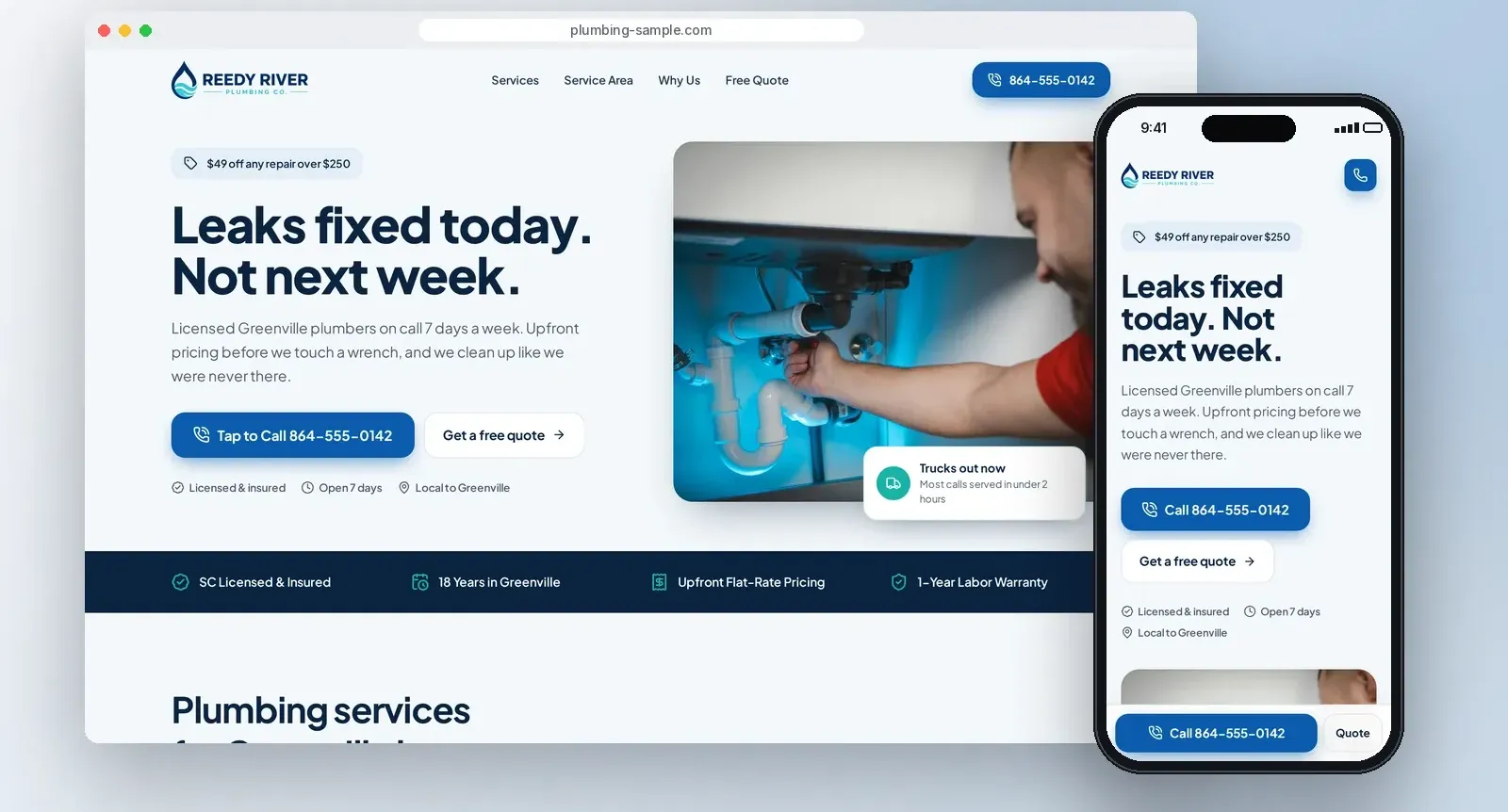 Sample plumbing website concept on a desktop and a phone, with tap-to-call and a quote button.