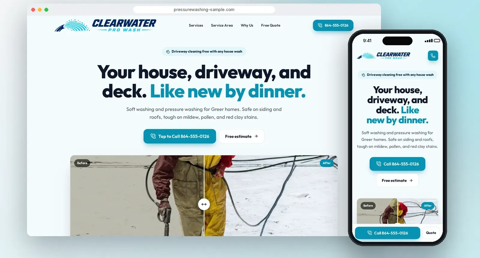 Sample pressure washing website concept on a desktop and a phone, with tap-to-call and a free estimate.