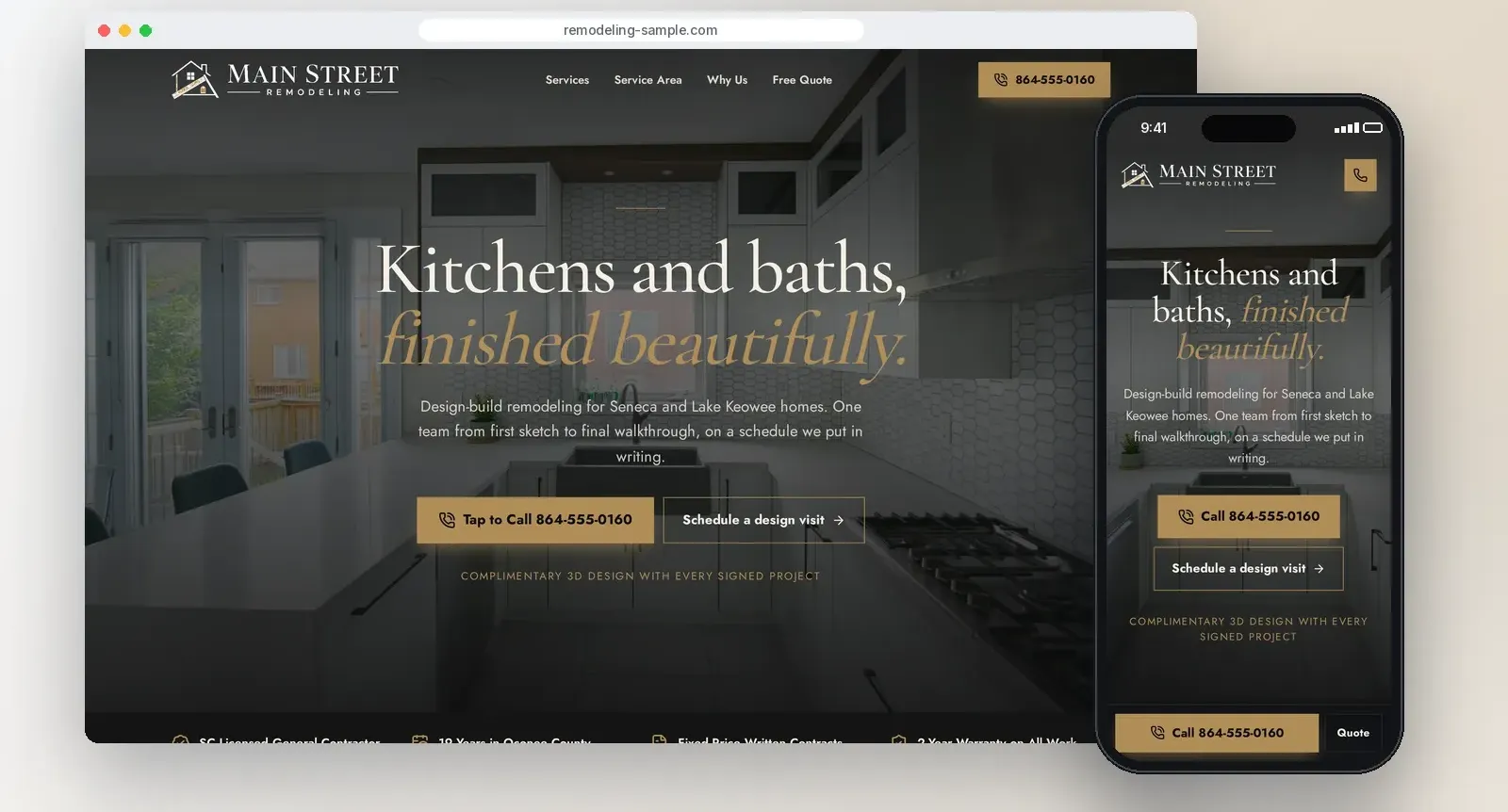 Sample remodeling website concept on a desktop and a phone, with tap-to-call and a schedule-a-design-visit button.