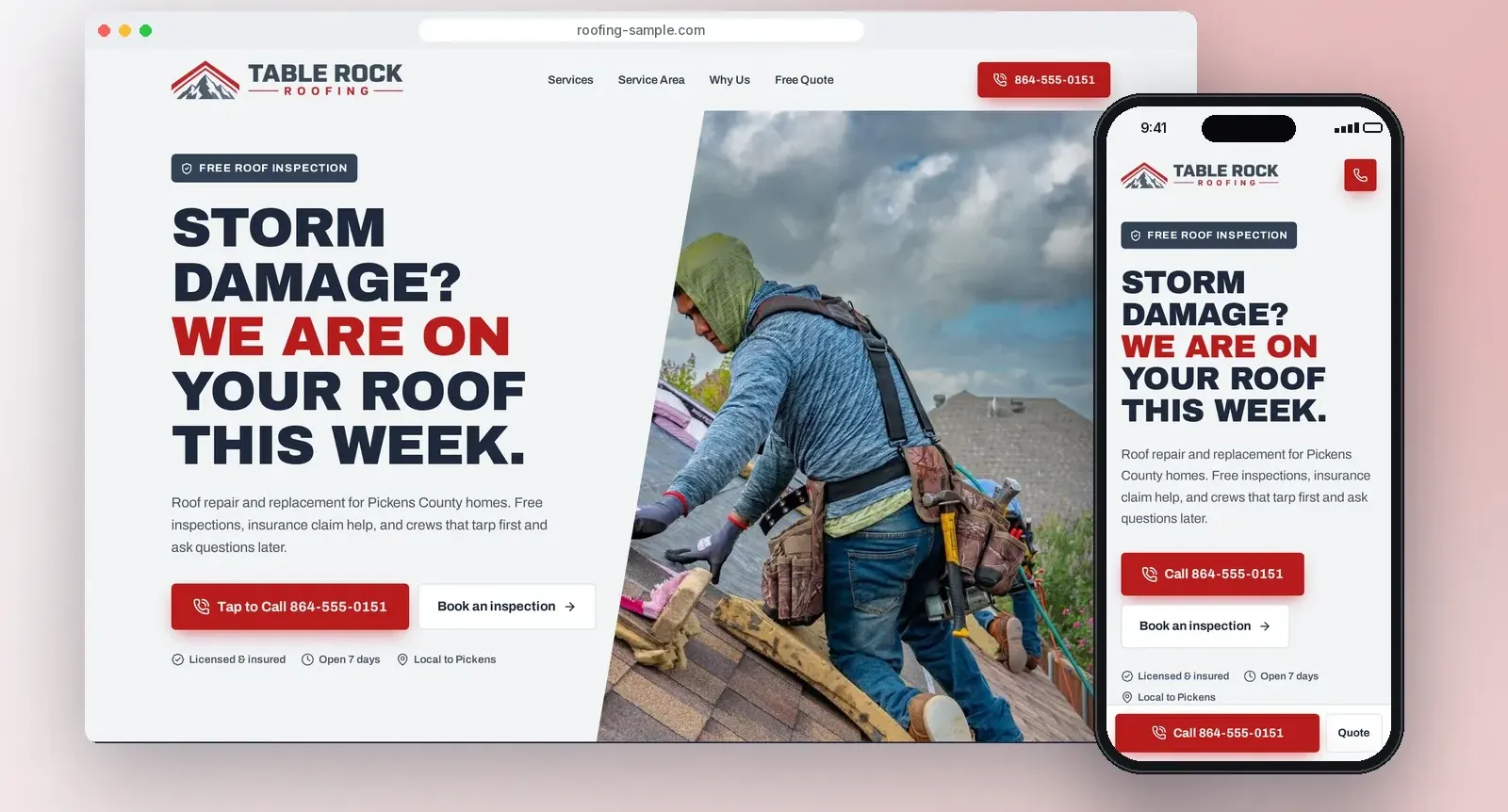 Sample roofing website concept on a desktop and a phone, with tap-to-call and a book-an-inspection button.